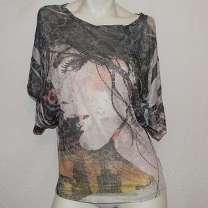 ::SALE:: Women's Graphic Sheer Dolman Blouse w/ Rhinestones